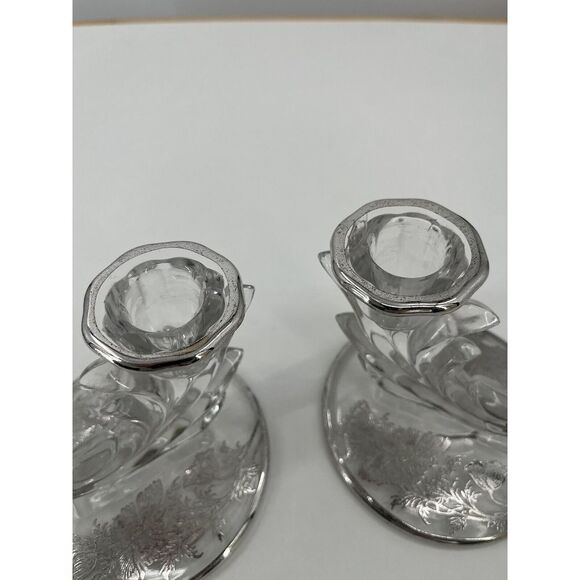Vintage Set Of 2 Crystal Clear Glass Baroque Candle Holder Single Light Silver‎ - Picture 10 of 11